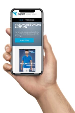 Hand holding smartphone, on screen the online courses portal of Simply Better Living