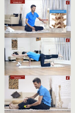 Collage with three pictures, Wolfgang explains back pain, demonstrates exercise and acupressure with tennis ball