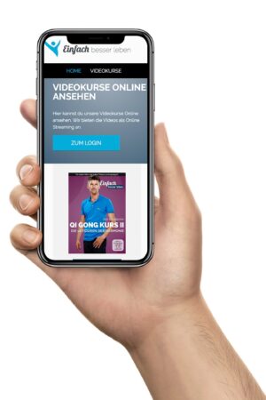 Hand holding smartphone, on screen the online courses portal of Simply Better Living