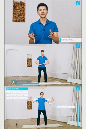 Collage with three pictures, Wolfgang explains Qi Gong and demonstrates two Qi Gong exercises