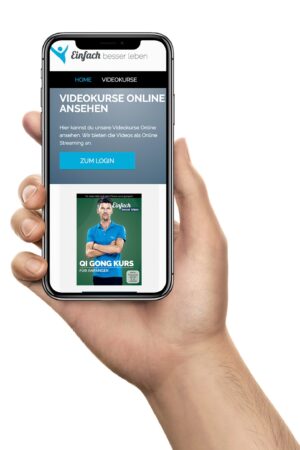 Hand holding smartphone, on screen the online courses portal of Simply Better Living