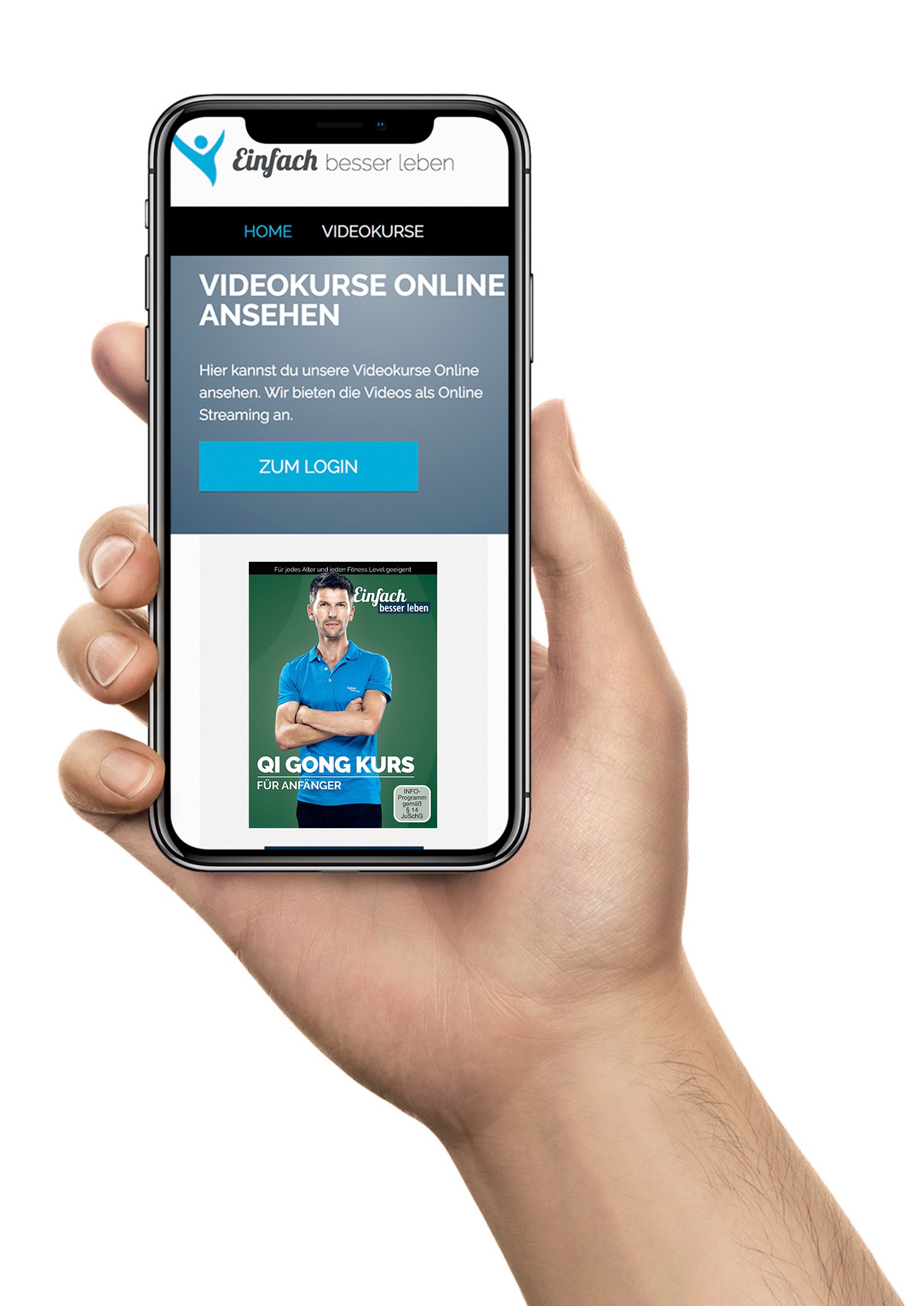 Qi Gong course for beginners from Simply Live Better Online Hand holding smartphone, on screen the online courses portal of Simply Better Living