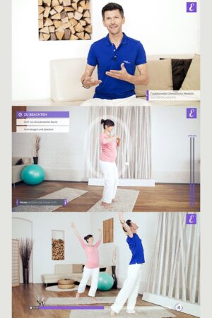 Collage with three pictures, Wolfgang explains Qi Gong and demonstrates two Qi Gong exercises