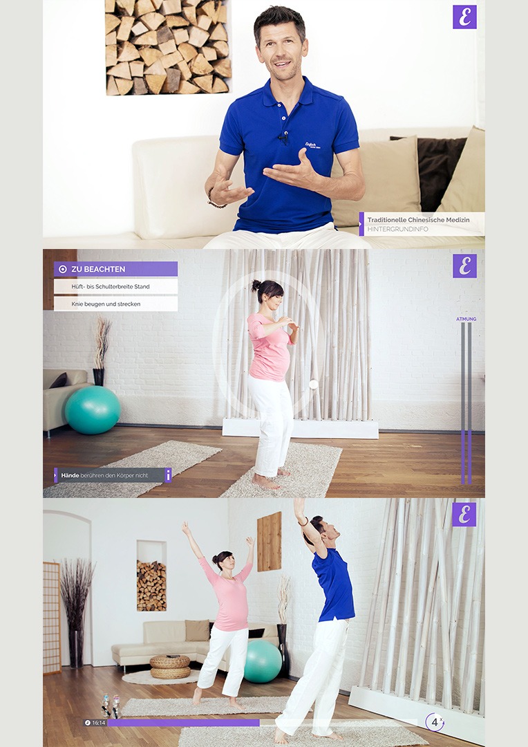 Qi Gong course during pregnancy, DVD Collage with three pictures, Wolfgang explains Qi Gong and demonstrates two Qi Gong exercises