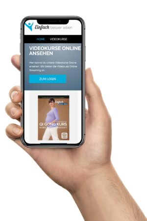 Hand holding smartphone, on screen the online courses portal of Simply Better Living