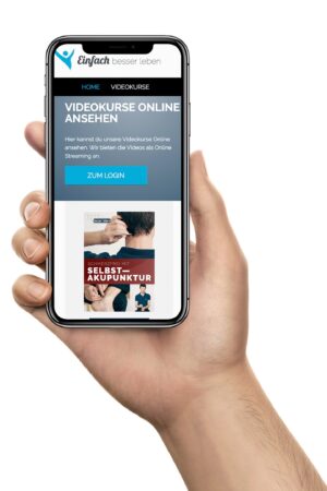 Hand holding smartphone, on screen the online courses portal of Simply Better Living