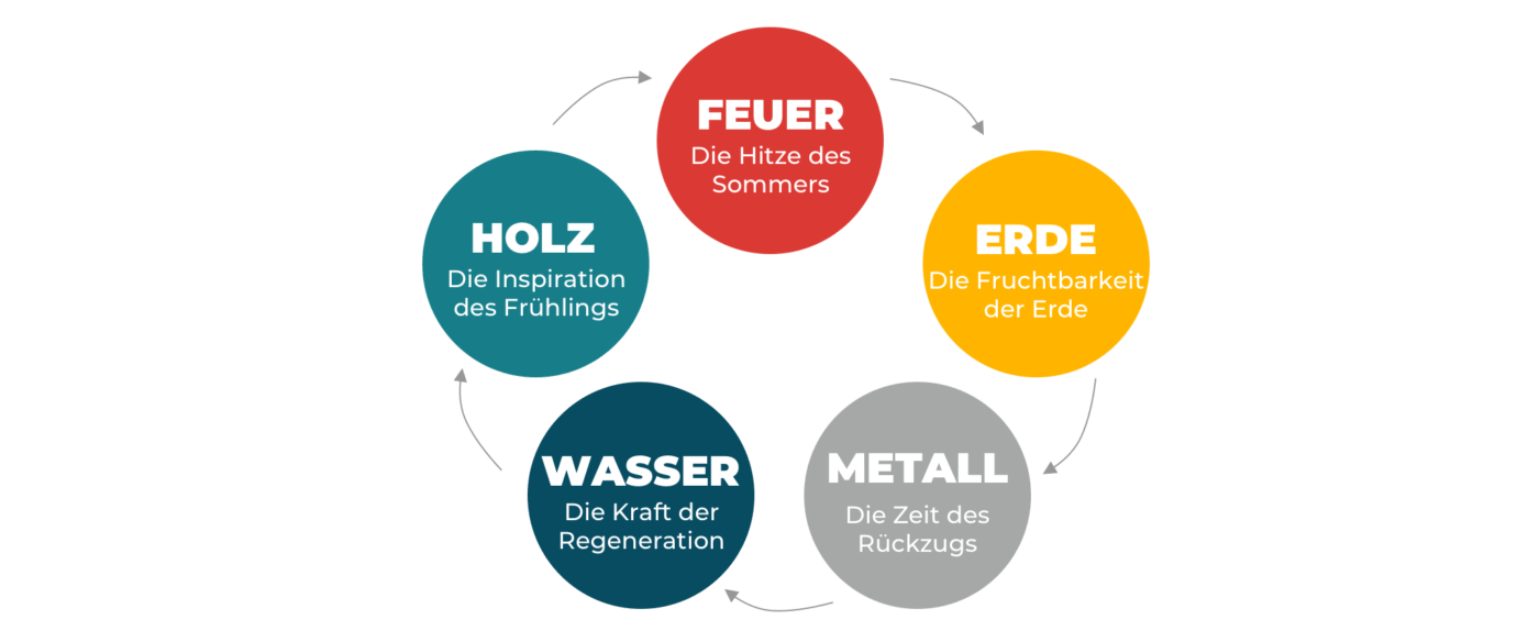 Graphic representing the 5 elements cycle of traditional Chinese medicine (TCM): 5 circles, green for wood, red for fire, yellow for earth, gray for metal and blue for water.