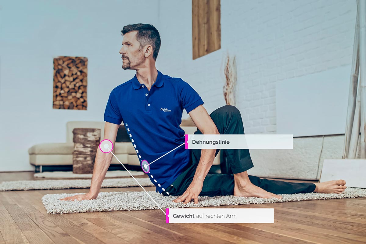 Wolfgang doing the meridian yoga exercise Torso Twist for the large intestine meridian with drawn stretch line