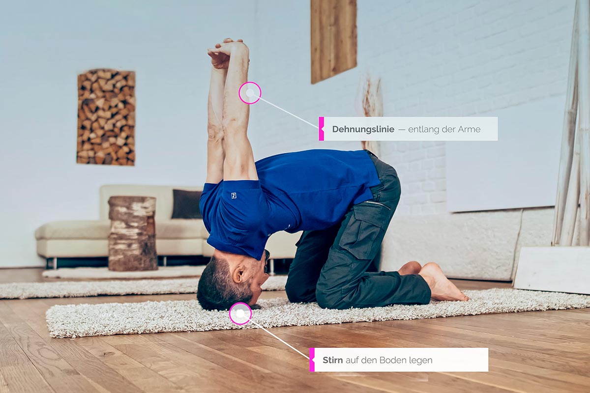 Wolfgang bei der Meridian Yoga Übung Arme über Kopf für den Dünndarm-Meridian mit eingezeichneten Watchpoints