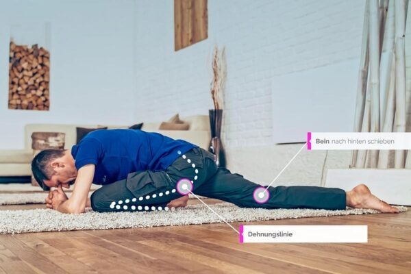 Wolfgang doing the meridian yoga exercise pigeon for the gallbladder meridian with stretch line drawn in