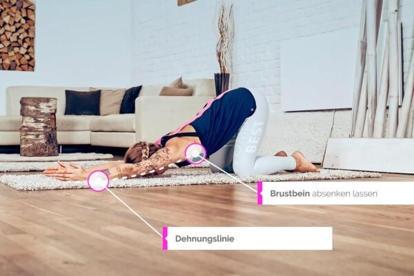 Kati doing the meridian yoga exercise Shell Stretch for the heart meridian with drawn stretch line