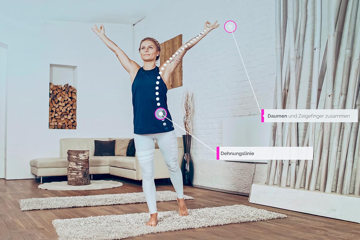 Kati doing the meridian yoga exercise lung stretch for the lung meridian with drawn stretch line