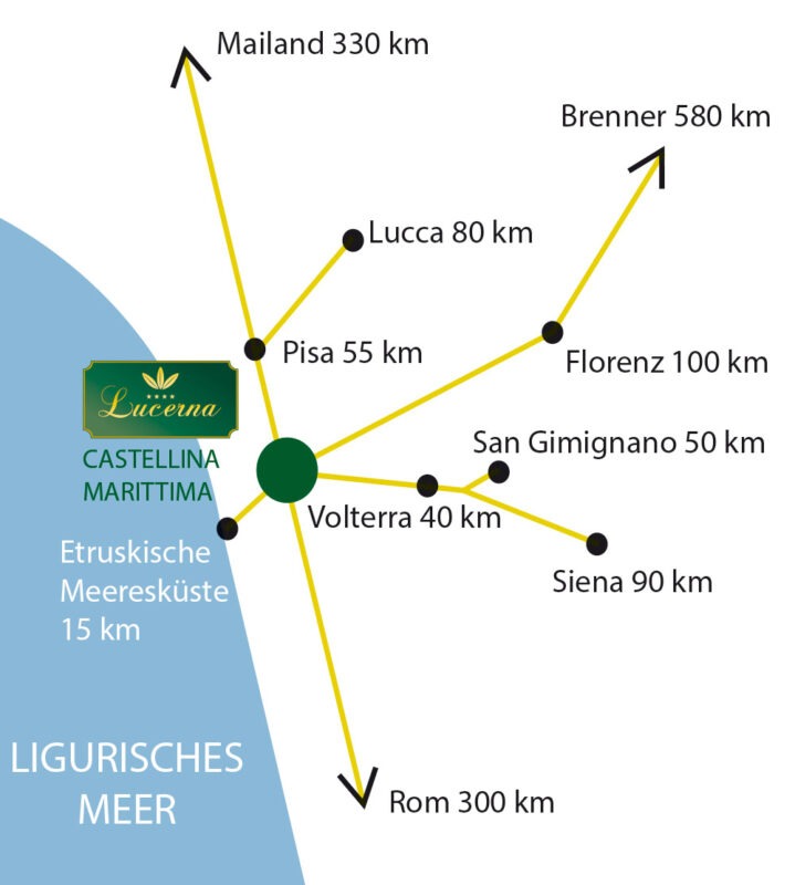 Distances from Unique Panorama Retreat in Tuscany Map with distances to Unique Panorama Retreat in Tuscany