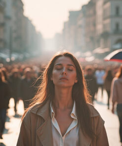 Woman in the middle of a crowd