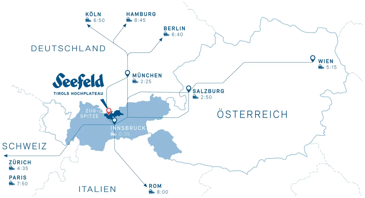 Map for traveling by train to the retreat in Leutasch