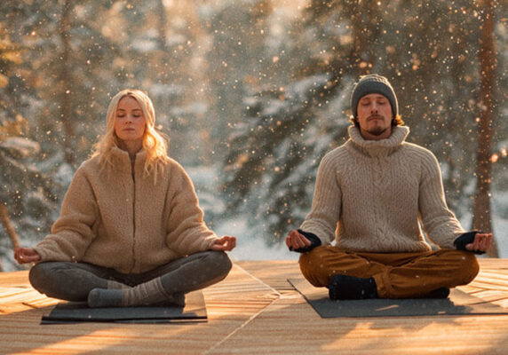 Woman and man meditating in the forest in winter on a wooden platform