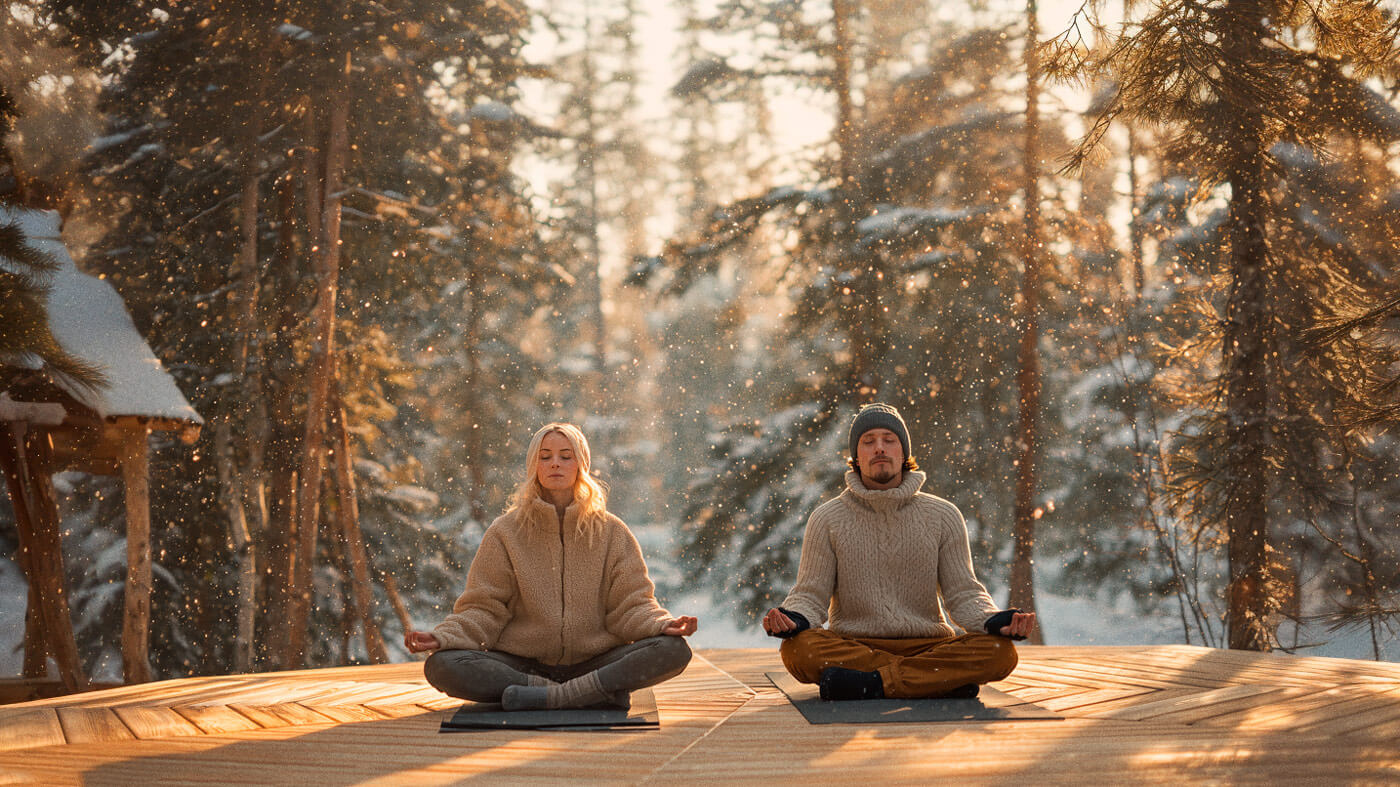 Woman and man meditating in the forest in winter on a wooden platform