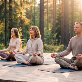 3 Personen beim Meditieren auf einer runden Holzplatform im Wald in Leutasch, Tirol bei den Green Chalets