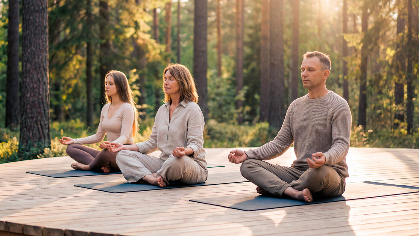 3 Personen beim Meditieren auf einer runden Holzplatform im Wald in Leutasch, Tirol bei den Green Chalets