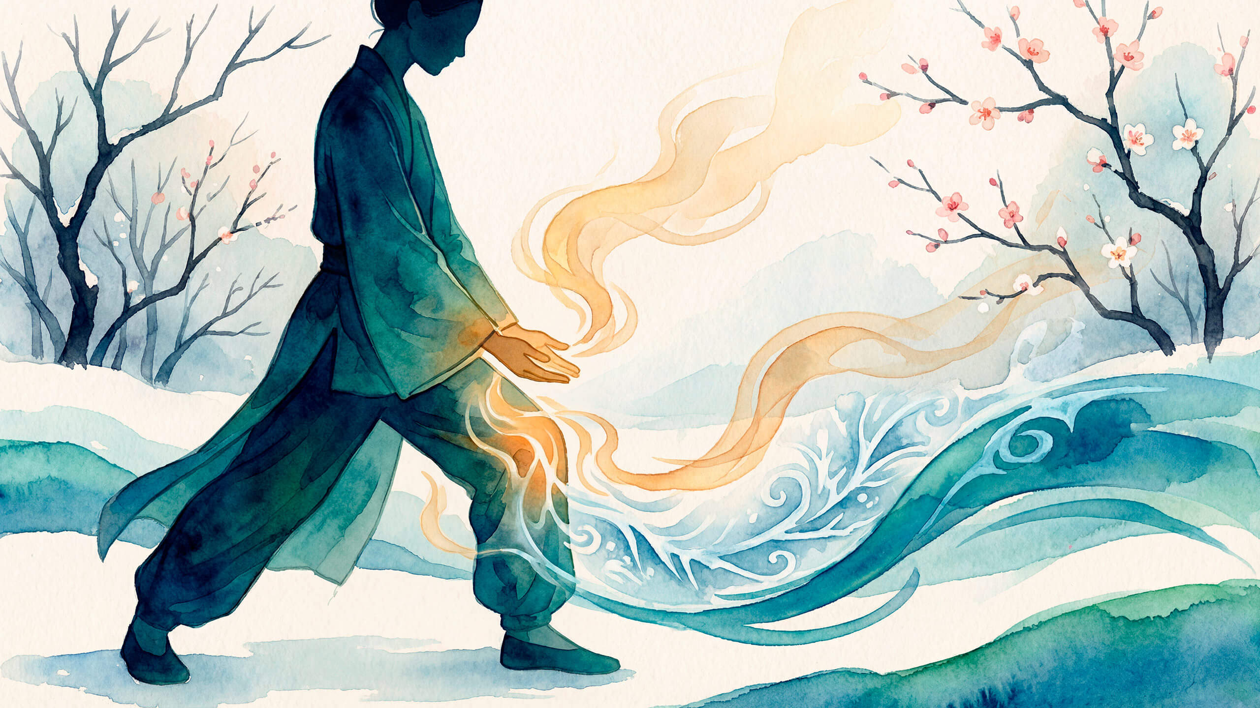 Wenn Wind und Kälte in die Gelenke eindringen und Schmerzen verursachen — Künstlerische Darstellung der TCM Diagnose Wind–Kälte–Bi Syndrom in Wasserfarben