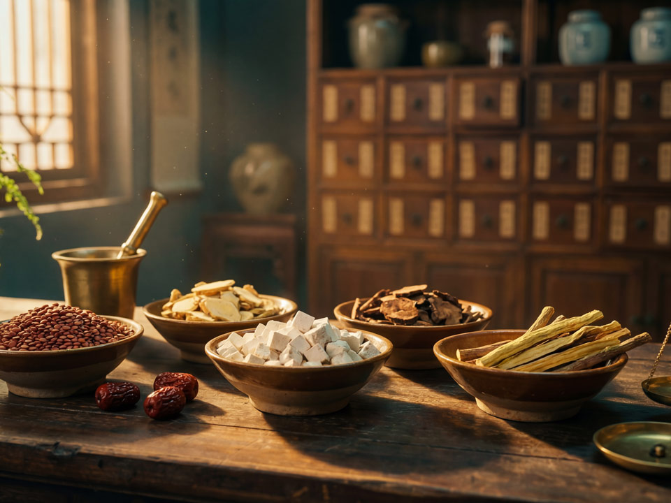 Ancienne pharmacie de médecine traditionnelle chinoise, comptoir avec les 5 herbes nécessaires à la préparation du mélange Suan Zao Ren Tang