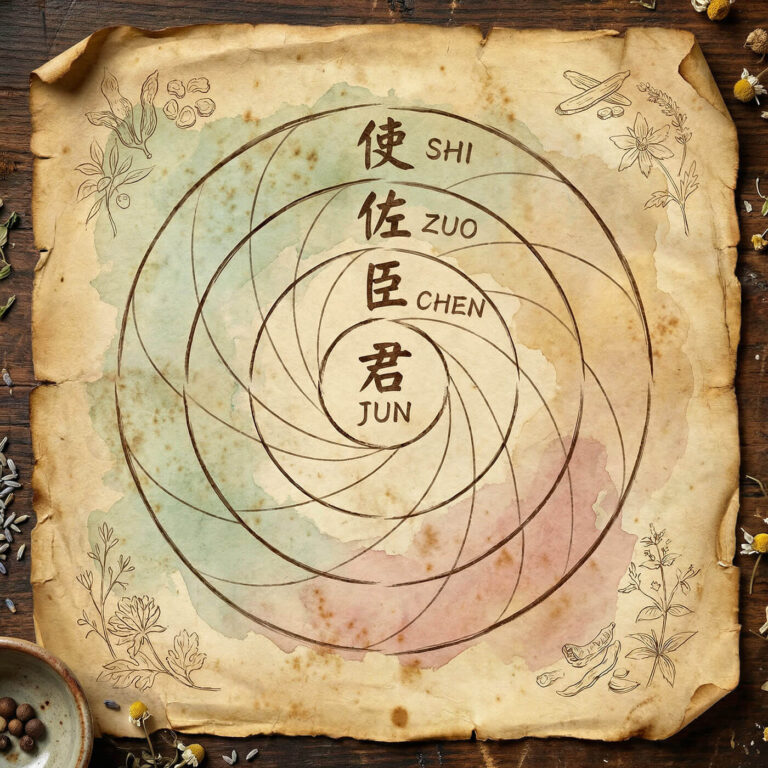 Infografik zum Prinzip Prinzip Jun–Chen–Zuo–Shi (君臣佐使) der TCM
