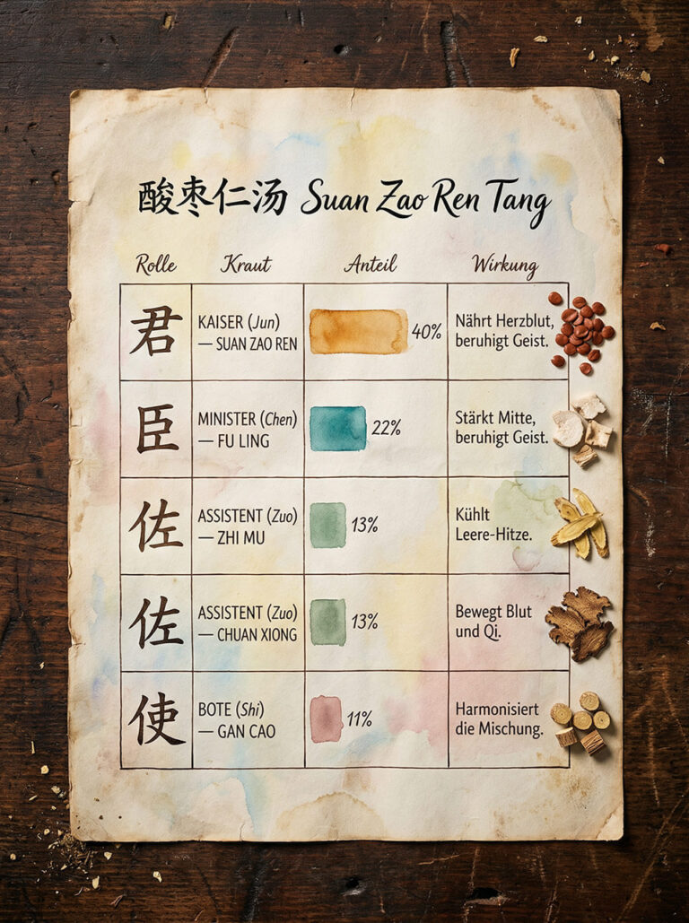 Tabelle mit Rolle, Kraut, Anteil, Wirkungd bei der Rezeptur Suan Zao Ren Tang
