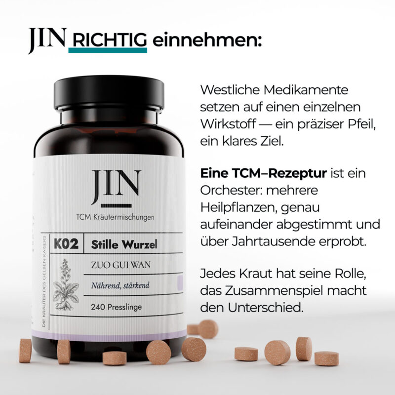 JIN K02 Stille Wurzel richtig einnehmen — Verzehrempfehlung der TCM Kräutermischung Zuo Gui Wan