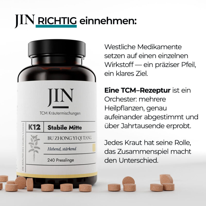 JIN K12 Stabile Mitte richtig einnehmen — Verzehrempfehlung der TCM Kräutermischung Bu Zhong Yi Qi Tang