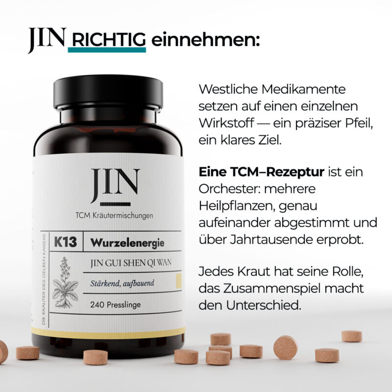 JIN K13 Wurzelenergie richtig einnehmen — Verzehrempfehlung der TCM Kräutermischung Jin Gui Shen Qi Wan