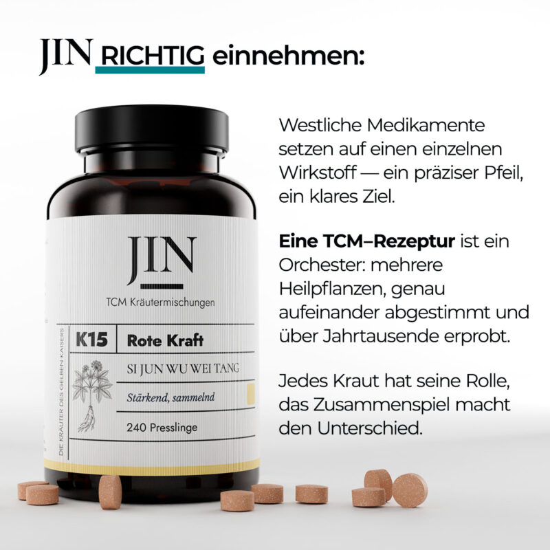 JIN K15 Rote Kraft richtig einnehmen — Verzehrempfehlung der TCM Kräutermischung Si Jun Wu Wei Tang