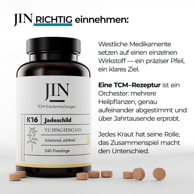 JIN K16 Jadeschild richtig einnehmen — Verzehrempfehlung der TCM Kräutermischung Yu Ping Feng San