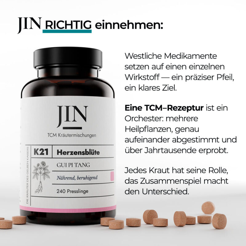 JIN K21 Herzensblüte richtig einnehmen — Verzehrempfehlung der TCM Kräutermischung Gui Pi Tang