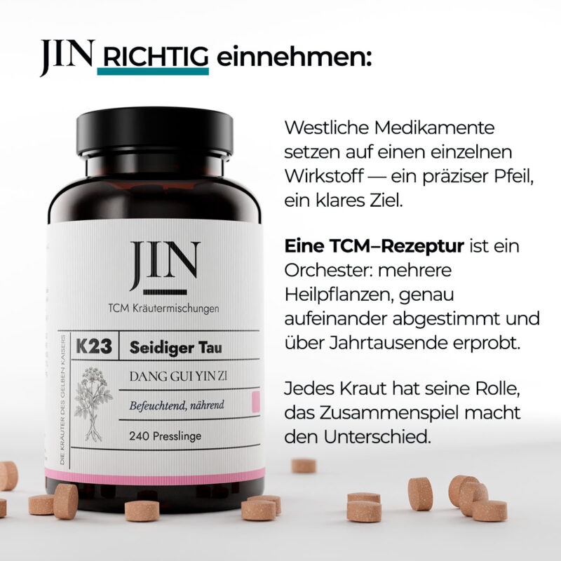 JIN K23 Seidiger Tau richtig einnehmen — Verzehrempfehlung der TCM Kräutermischung Dang Gui Yin Zi