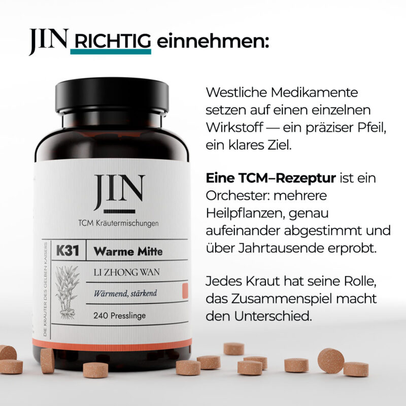 JIN K31 Warme Mitte richtig einnehmen — Verzehrempfehlung der TCM Kräutermischung Li Zhong Wan