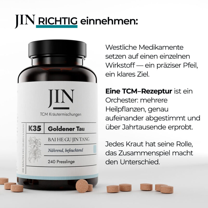 JIN K35 Goldener Tau richtig einnehmen — Verzehrempfehlung der TCM Kräutermischung Bai He Gu Jin Tang