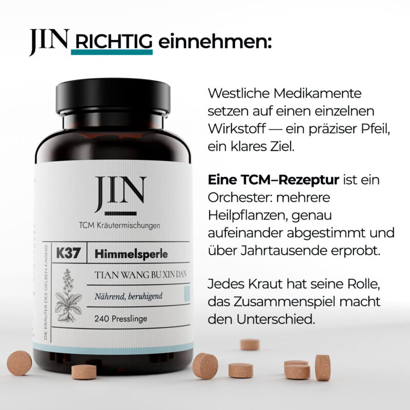 JIN K37 Himmelsperle richtig einnehmen — Verzehrempfehlung der TCM Kräutermischung Tian Wang Bu Xin Dan