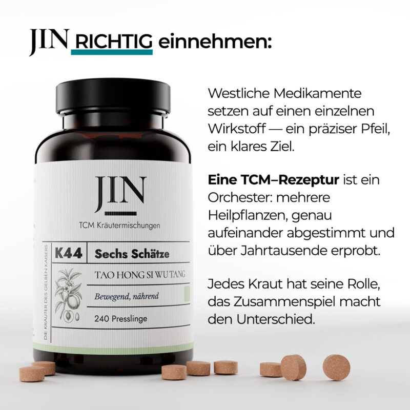 JIN K44 Sechs Schätze richtig einnehmen — Verzehrempfehlung der TCM Kräutermischung Tao Hong Si Wu Tang