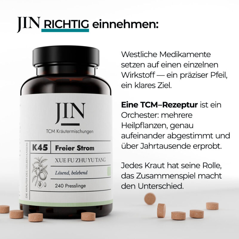 JIN K45 Freier Strom richtig einnehmen — Verzehrempfehlung der TCM Kräutermischung Xue Fu Zhu Yu Tang