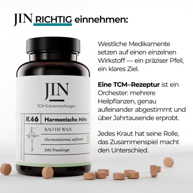 JIN K46 Harmonische Mitte richtig einnehmen — Verzehrempfehlung der TCM Kräutermischung Bao He Wan