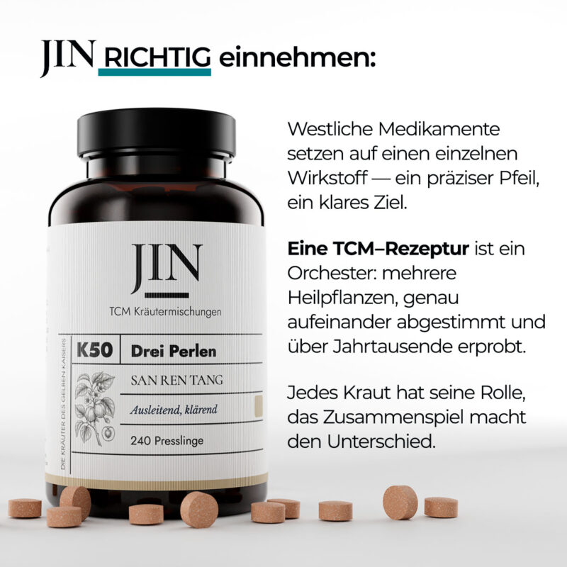 JIN K50 Drei Perlen richtig einnehmen — Verzehrempfehlung der TCM Kräutermischung San Ren Tang