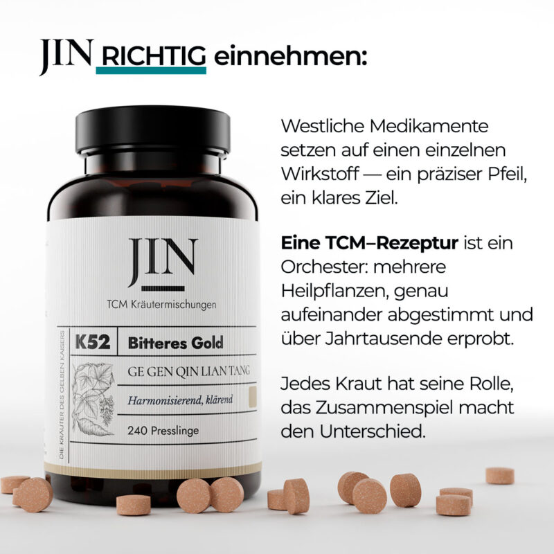 JIN K52 Bitteres Gold richtig einnehmen — Verzehrempfehlung der TCM Kräutermischung Ge Gen Qin Lian Tang