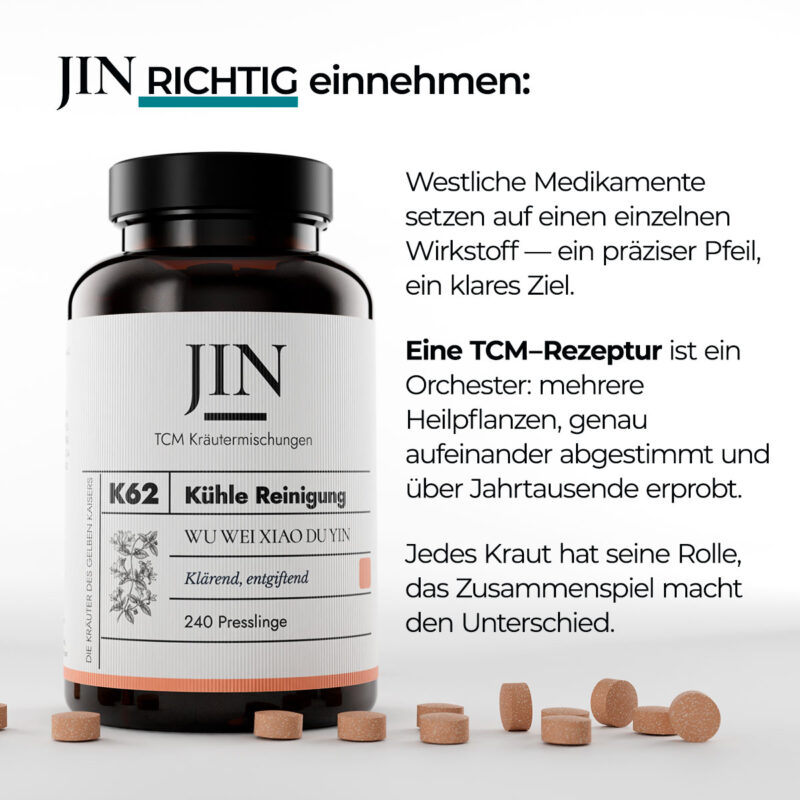 JIN K62 Kühle Reinigung richtig einnehmen — Verzehrempfehlung der TCM Kräutermischung Wu Wei Xiao Du Yin