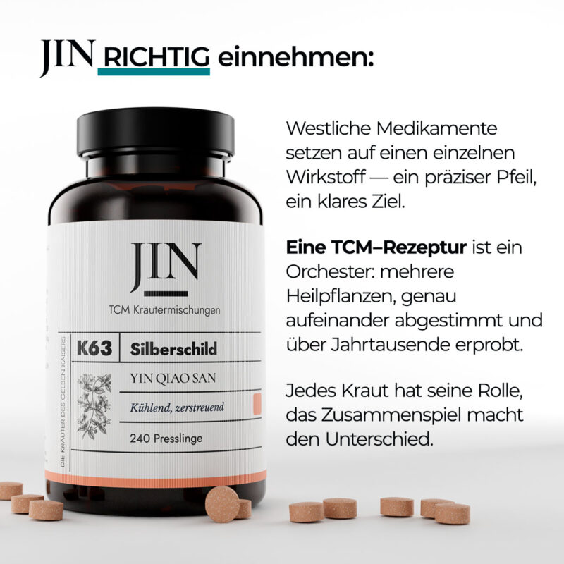 JIN K63 Silberschild richtig einnehmen — Verzehrempfehlung der TCM Kräutermischung Yin Qiao San