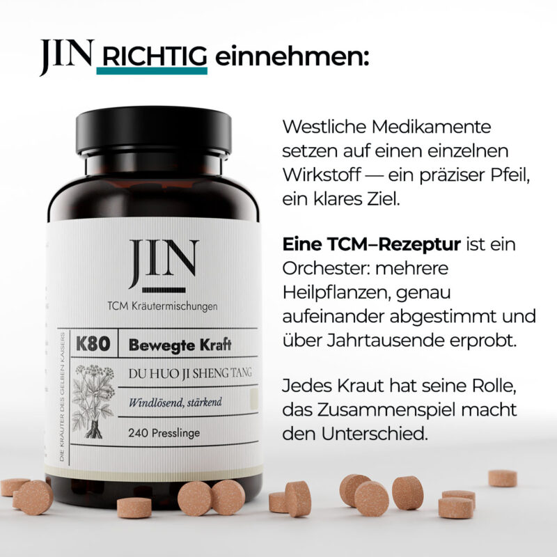 JIN K80 Bewegte Kraft richtig einnehmen — Verzehrempfehlung der TCM Kräutermischung Du Huo Ji Sheng Tang